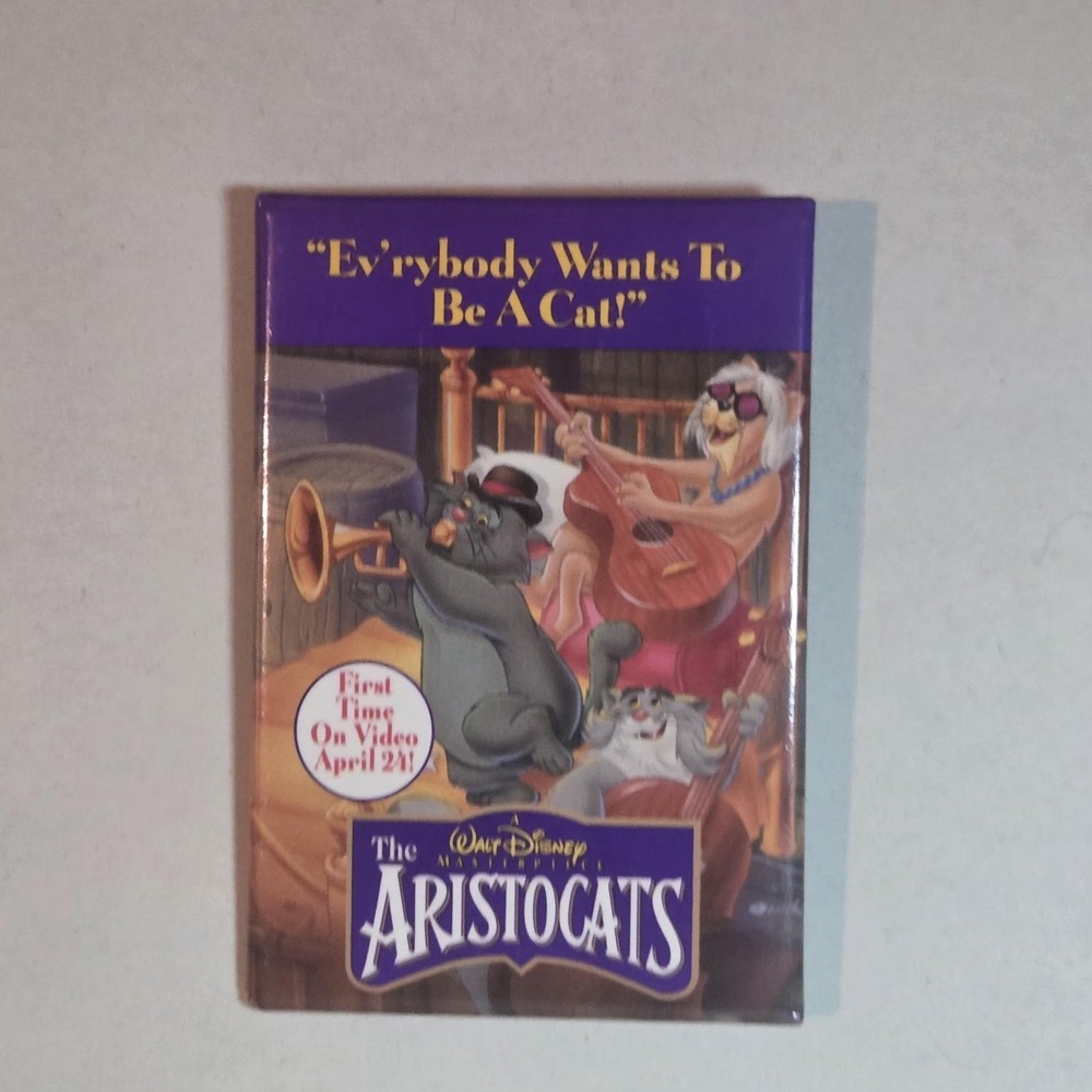 Vintage Disney Aristocats First Time On Video Promo Pinback Button Purple